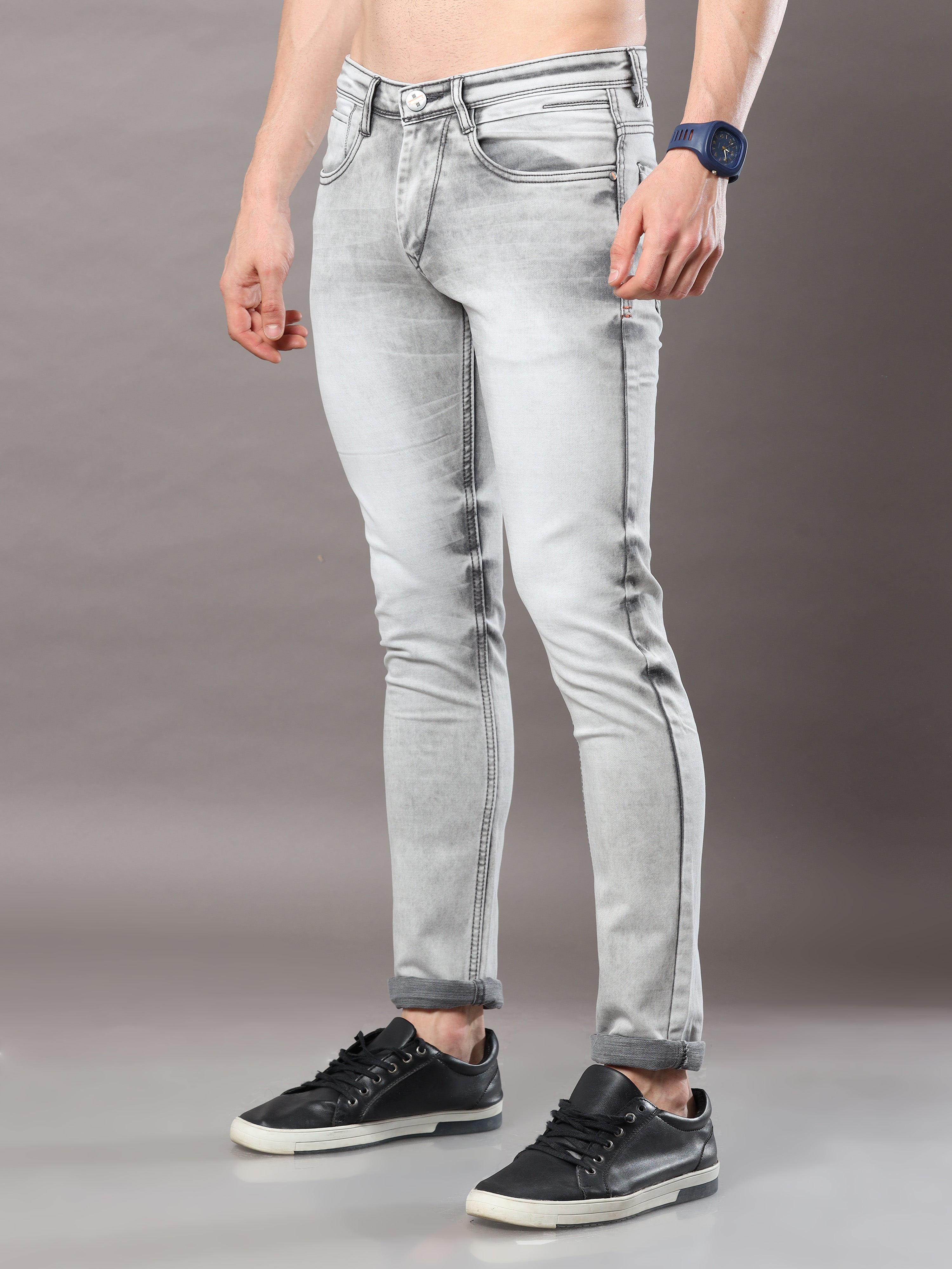 Mode De Base Mens's Casual Slim Fit Light Grey Bootcut Jeans With Blac –  Mode De Base Italie